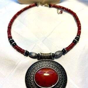 Elegant Beaded Red and Silver Southwestern style Necklace by Premier Design